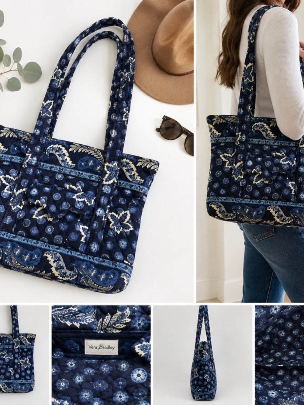 Vera Bradley Retired Blue Paisley Quilted Tote Bag Cotton Shoulder Purse Handbag